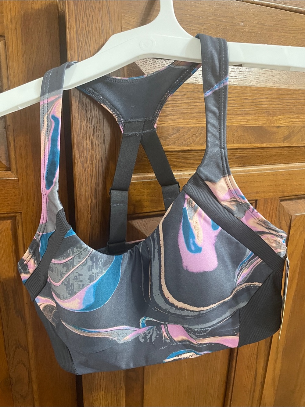 Avia Marble-Print Racerback Sports Bra in Gray, Pink & Blue Sz. S 4/6 NWT